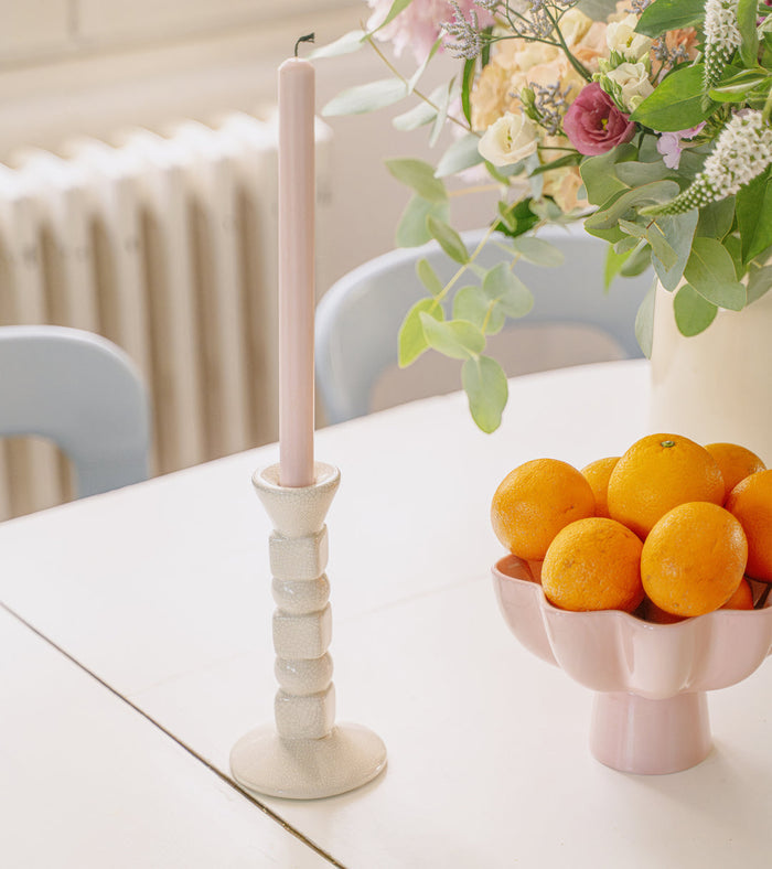 The Socialite Family Anna candle holder in cream crackle-glazed ceramic, 20cm, styled in a room setting 2