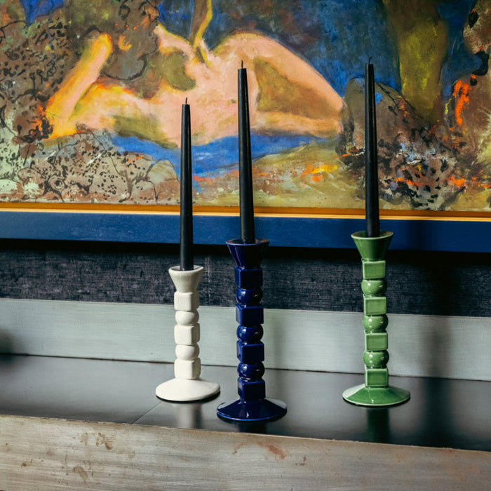 The Socialite Family Anna ceramic candle holder in midnight blue, 25cm, styled in a room setting 2