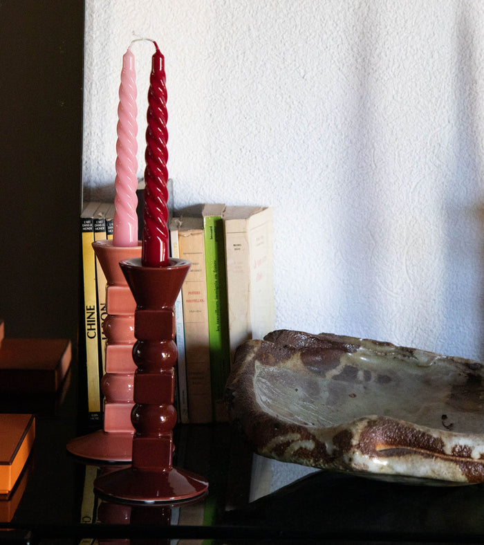 The Socialite Family Anna ceramic candle holder in powder rose, 20cm, styled in a room setting 3