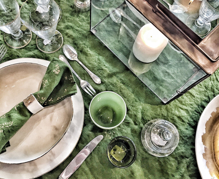 Bernadette's Hand Stamped Falling Flower On Full Field Linen Napkin in Avocado Green & Gold, 50x50cm