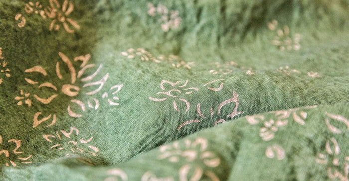 Bernadette's Hand Stamped Falling Flower On Full Field Linen Napkin in Avocado Green & Gold, 50x50cm