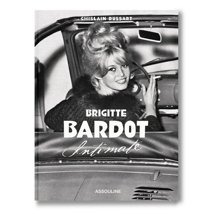 Book cover featuring a black and white photo of Brigitte Bardot in a car, with 'Brigitte Bardot Intime' and 'Assouline' text.