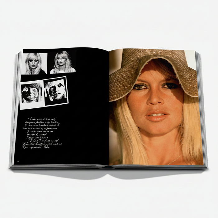 An open hardcover book displayed against a light gray background. The left page is black with black-and-white portrait photos, text, and sketches, while the right page features a large color portrait of a woman wearing a wide-brim straw hat.