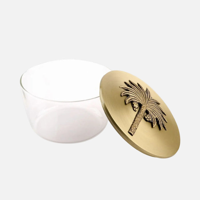 Zarina Candy Jar – Embossed Palm Small in gold, lid open