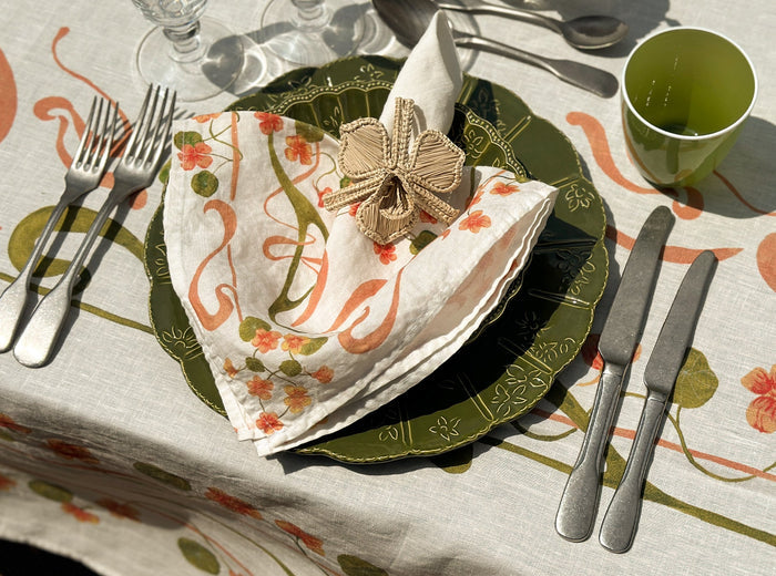 'Capucines' Linen Napkin in Peach Pink & Avocado Green