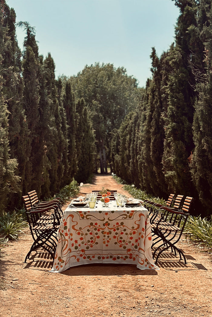 'Capucines' Linen Napkin in Peach Pink & Avocado Green