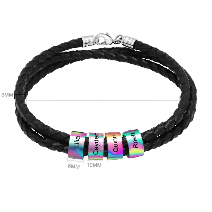 Customizable Name Braided Leather String Beaded Bracelet Engraving Bangle