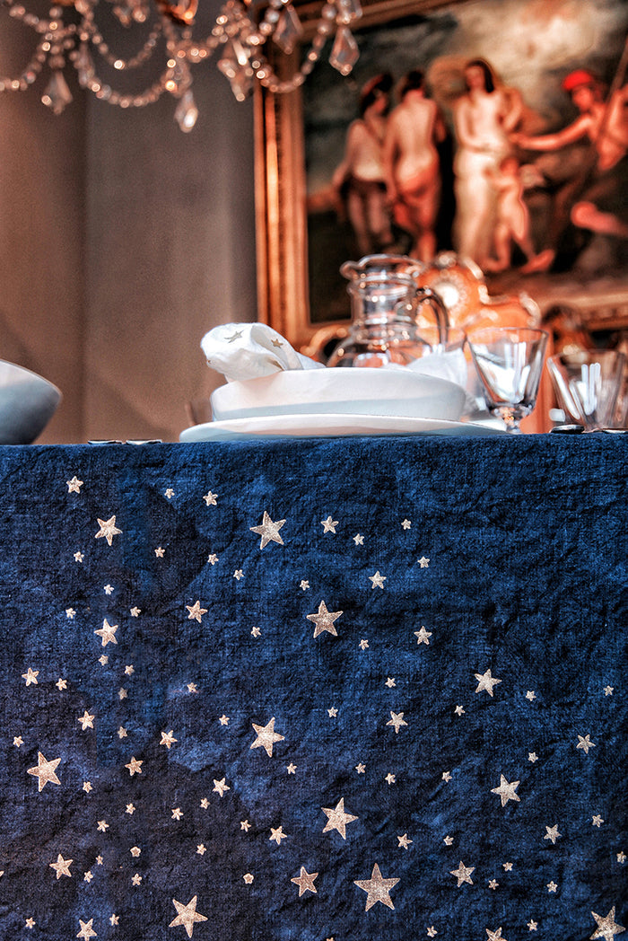 Falling Stars Linen Napkin in Ink Blue, 50x50cm