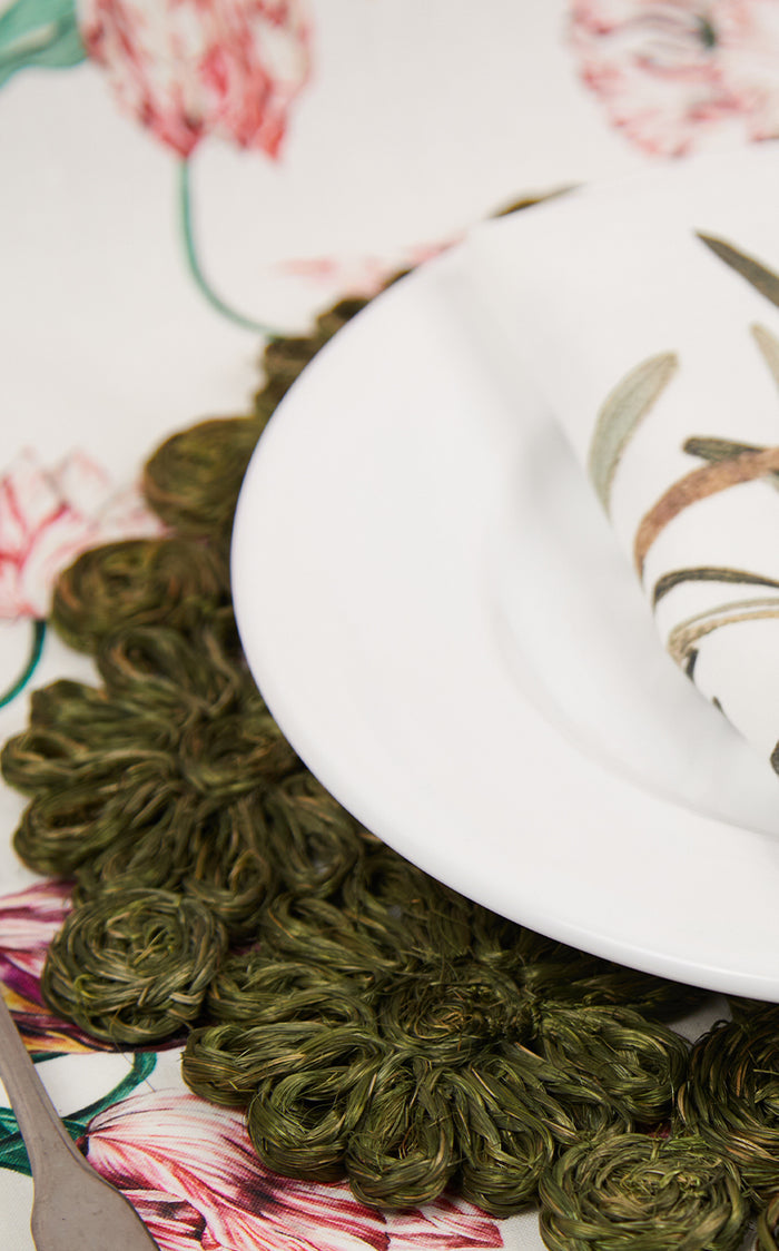 Floral Woven Abaca Placemat in Grass Green, 40cm