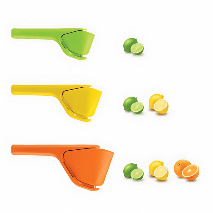 Three citrus juicers in green, yellow, and orange with citrus fruits on a white background