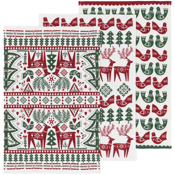 Folk Forest Christmas Bakers Floursack Dishtowels Set of 3