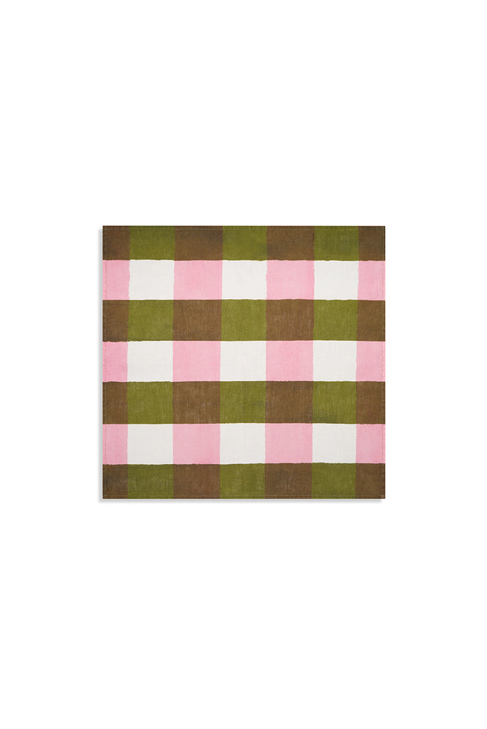 'Gingham' Linen Napkin in Rose Pink & Avocado Green