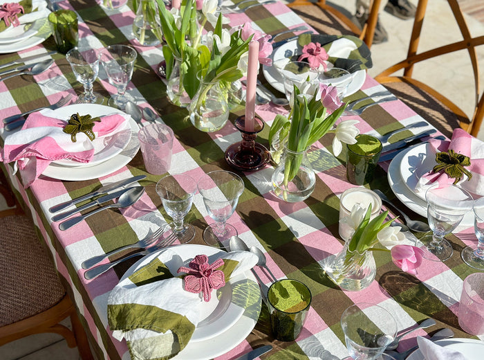 'Gingham' Linen Napkin in Rose Pink & Avocado Green