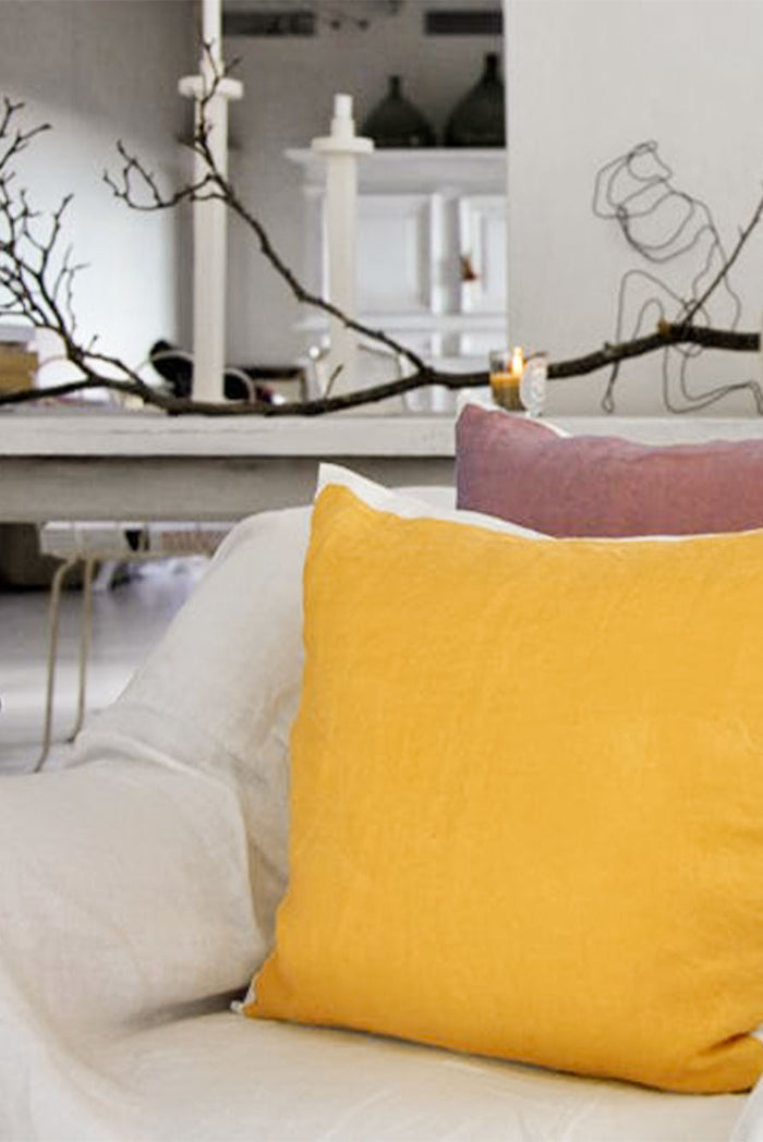 Hand Painted Linen Cushion Cover in Mustard Yellow, 50cm x 50cm