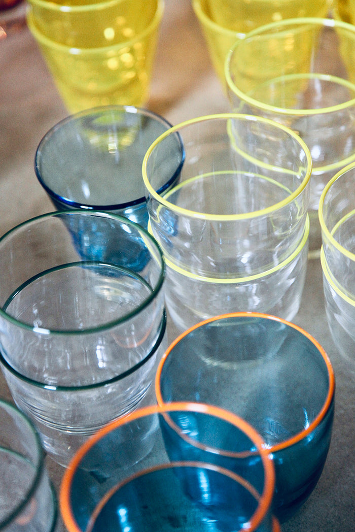 Handblown Clear Bumba Glass Tumbler with Orange Rim, 30cl
