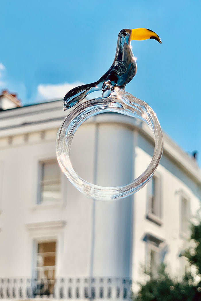 Handblown Glass Tropical Bird Napkin Ring in Green