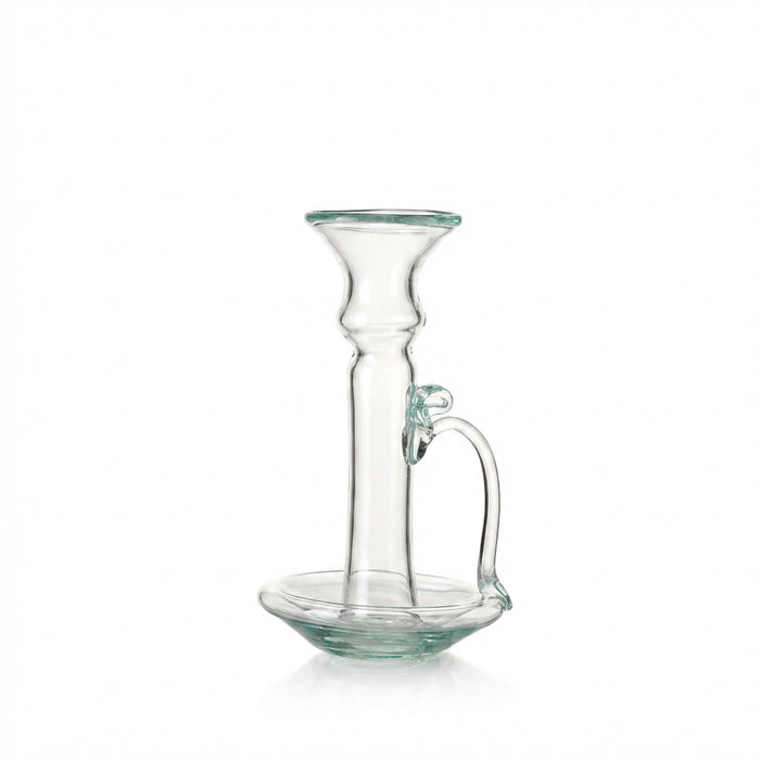 Handblown Recycled Glass Candlestick with Handle in Clear Glass, 20cm