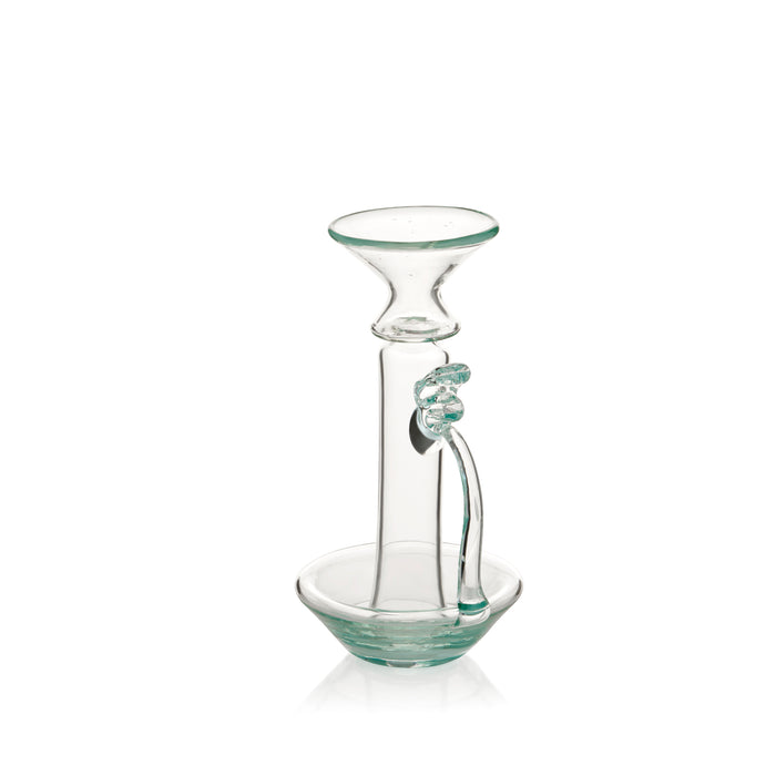 Handblown Recycled Glass Candlestick with Handle in Clear Glass, 20cm