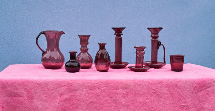 Handblown Recycled Glass Candlestick with Handle in Raspberry Red, 20cm