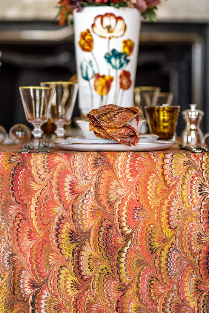'Marble Fan' Linen Napkin  in Rust Red, Yellow & Orange, 50x50cm