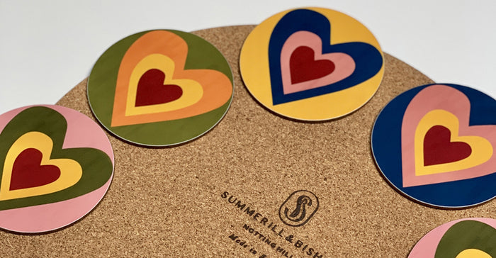 Set of Six Heart Cork-Backed Coasters in Mixed Colours