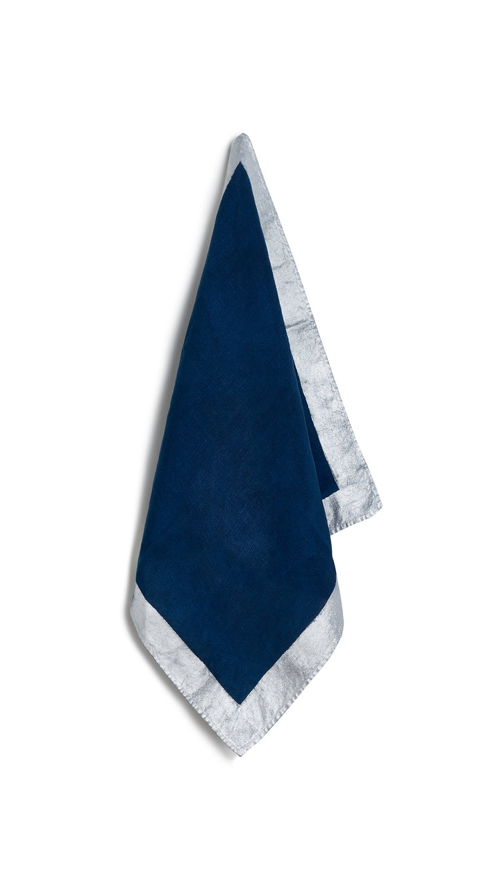 'Silver Edge' Linen Napkin in Midnight Blue, 50x50cm