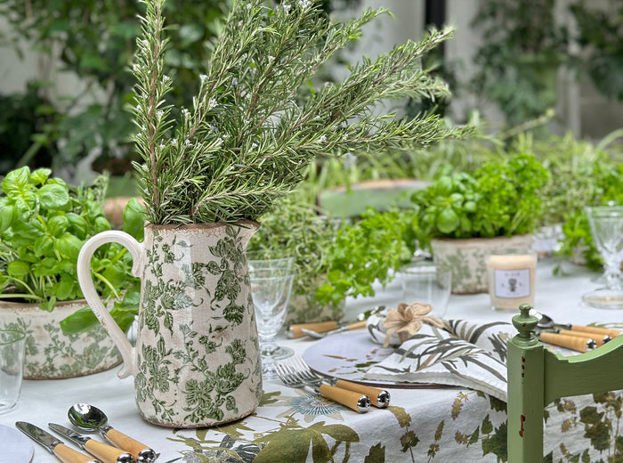 Stoneware Painted Green Floral Jug, 23cm