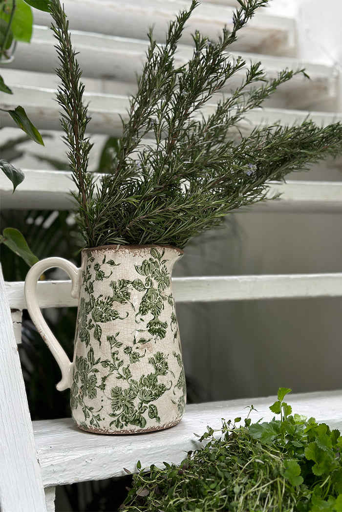 Stoneware Painted Green Floral Jug, 23cm