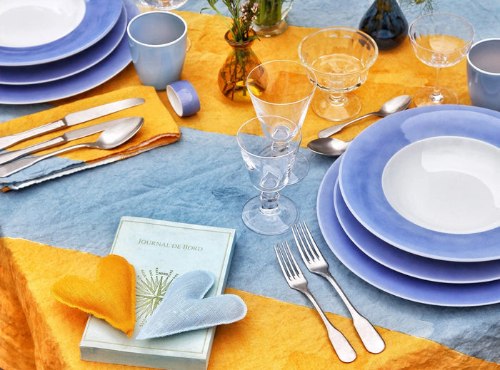 Stripe Linen Napkin in Mustard Yellow and Pale Blue, 50x50cm
