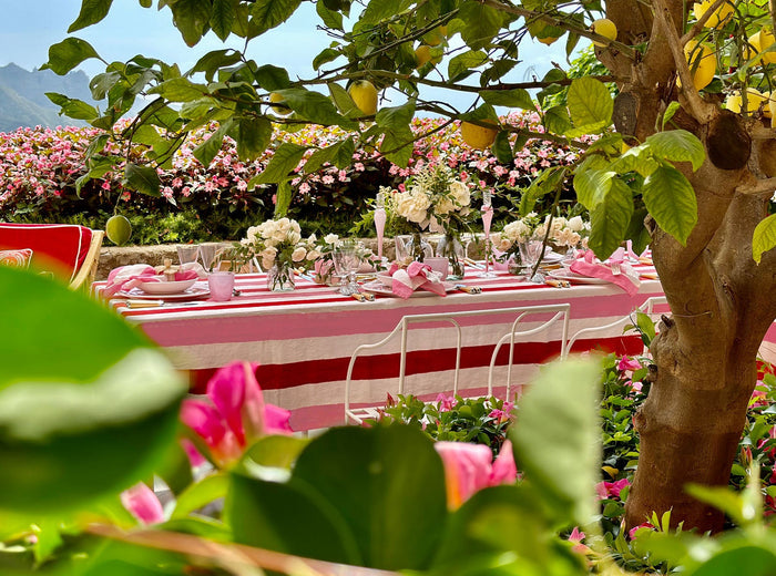 'Stripe' Linen Napkin in White & Rose Pink, 50x50cm