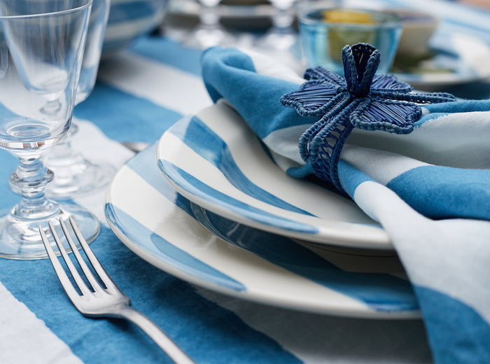 'Stripe' Linen Napkin in White & Sky Blue, 50x50cm