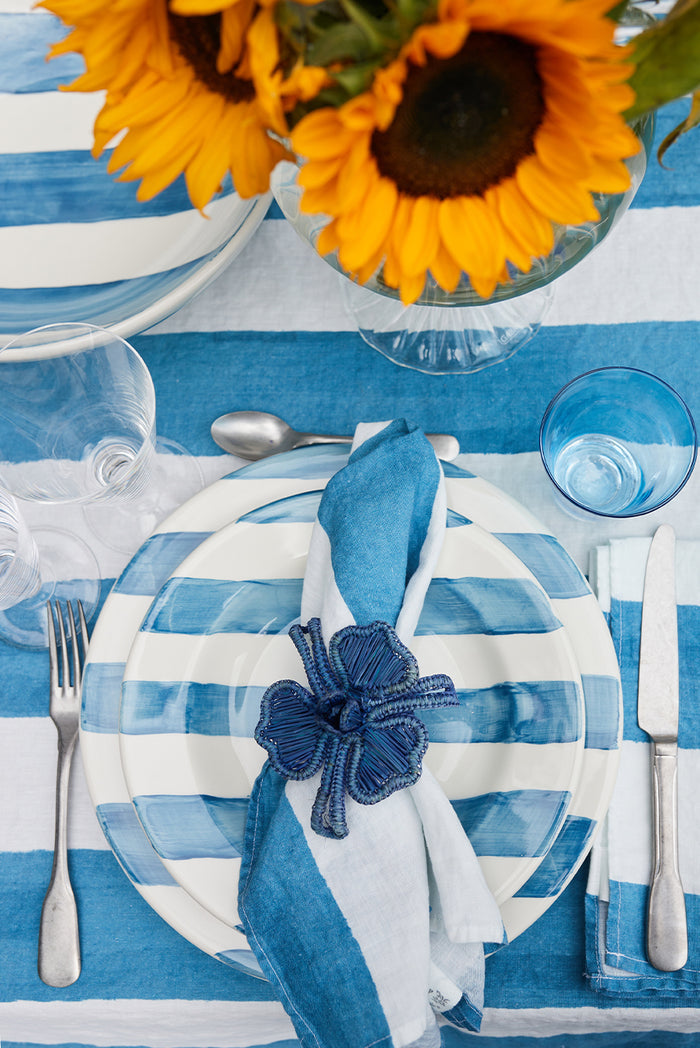 'Stripe' Linen Napkin in White & Sky Blue, 50x50cm