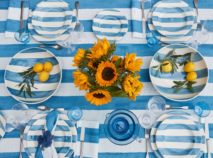 'Stripe' Linen Napkin in White & Sky Blue, 50x50cm