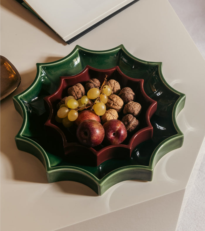 The Socialite Family Tasca décor tray in burgundy glazed ceramic, 22cm, styled in a room setting 3