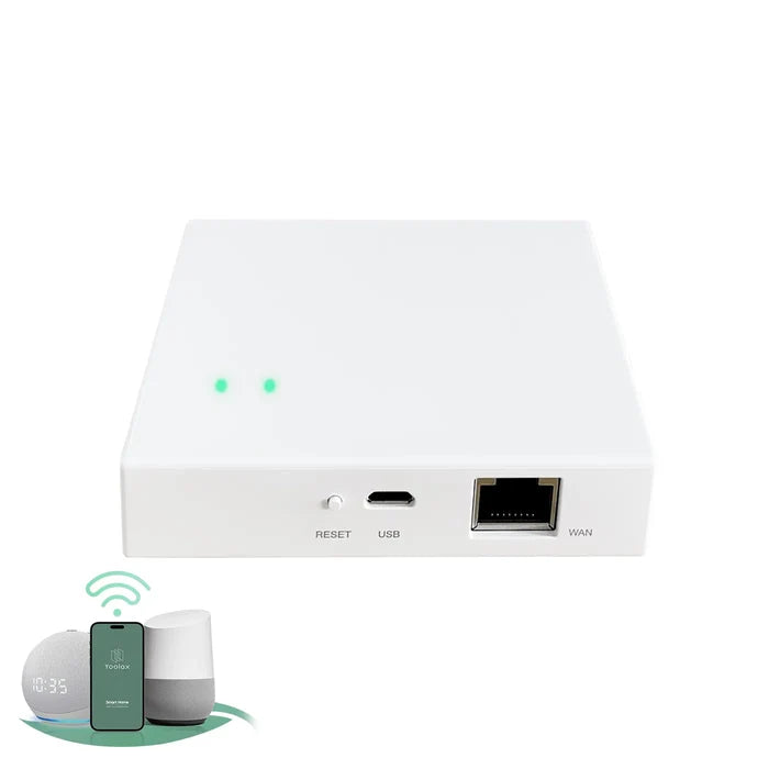 White Bluetooth smart control hub, equipped with Ethernet port and Type-C interface, supports voice and app control, compatible with smart speakers and smartphones