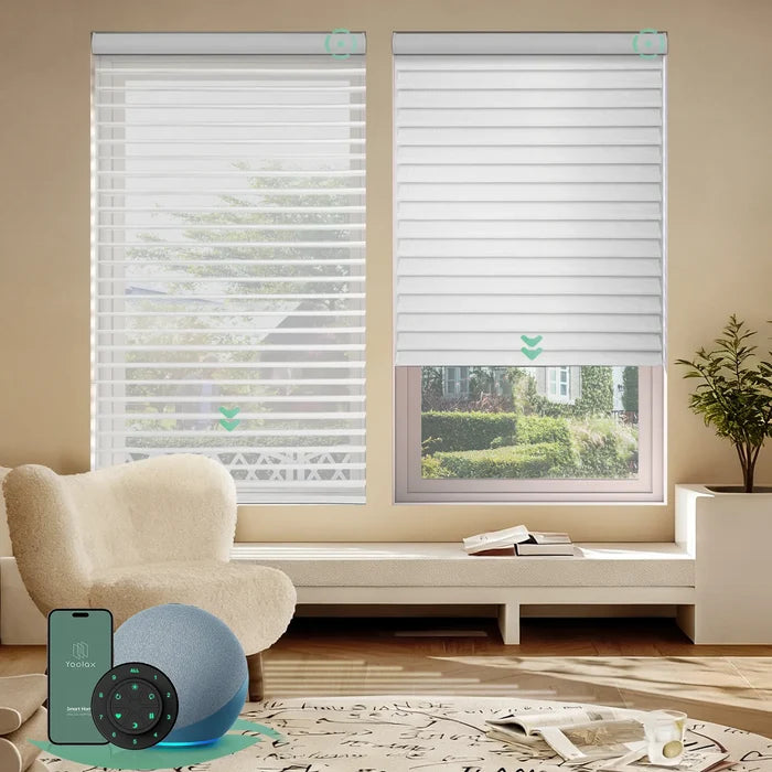 Motorized room darkening horizontal sheer shades with narrow white fabric, gently filtering sunlight for a subdued, room-darkening effect.#narrow-white-2-vane