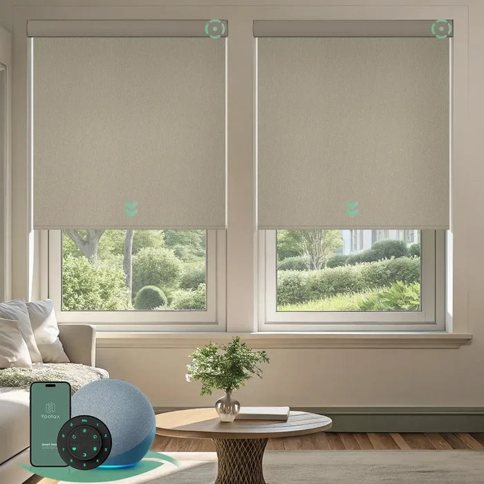 Motorized blackout roller shades with vinyl-light coffee fabric, delivering full light blockage and enhanced privacy