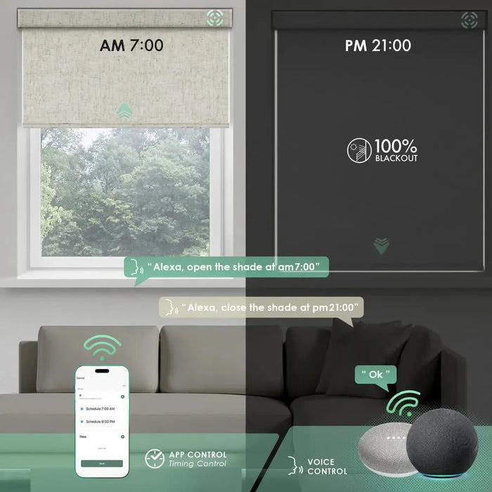 Motorized roller shades with voice control, app control , and timer functions