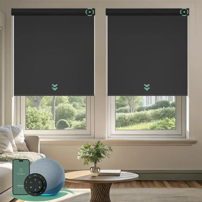 Motorized blackout roller shades with vinyl-dark grey fabric, delivering full light blockage and enhanced privacy