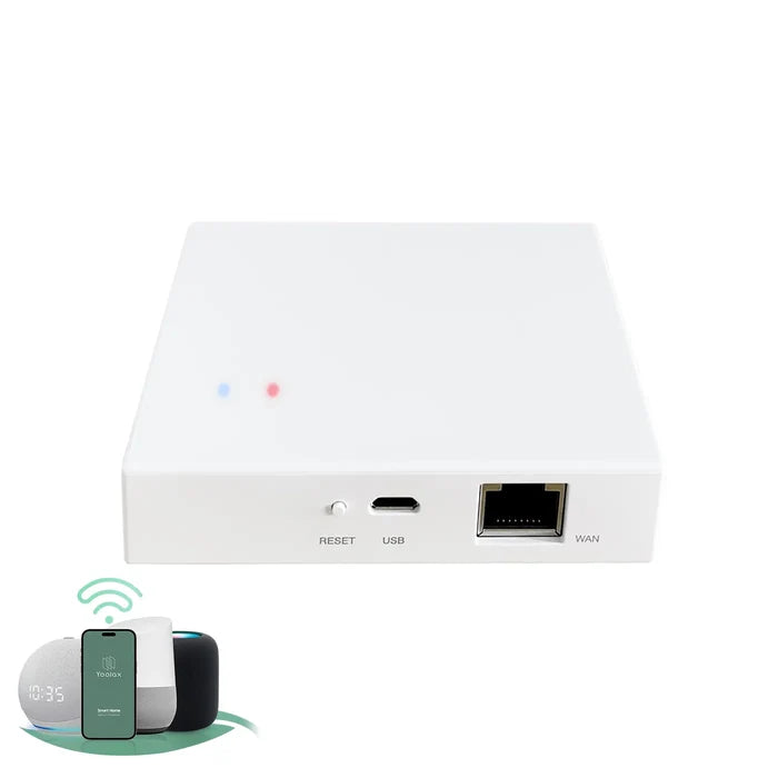White zigbbe matter hub supports voice and app control, compatible with smart speakers and smartphones